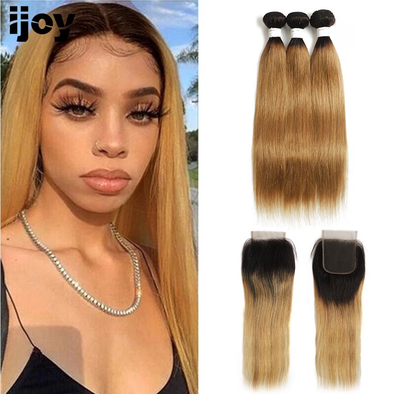 Ombre Blonde Bundles With Closure Straight Human Hair Bundles With Lace Closure Brazilian Non-Remy Hair Bundles For Women IJOY